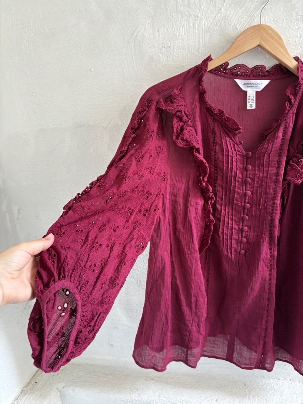 Addition Elle Burgundy Ruffled Button-Front Blouse - Picture 2 of 6